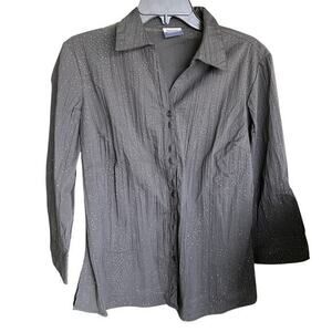 Black silver metallic vintage 3/4 sleeve button front crinkle top Y2K sz XL